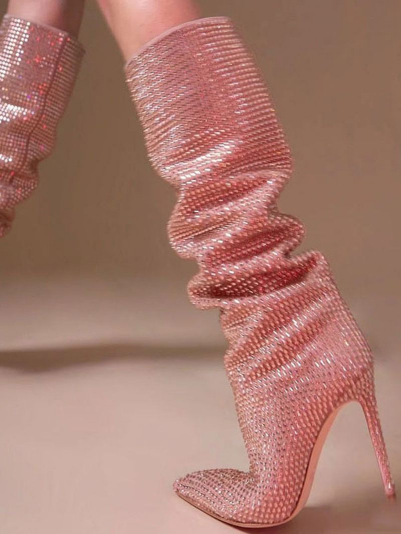 Bottes À Talons Hauts Et Mollets Larges Pour Femmes Hautes Bout Pointu Avec Strass Chaussures Soirée Sexy - Rose