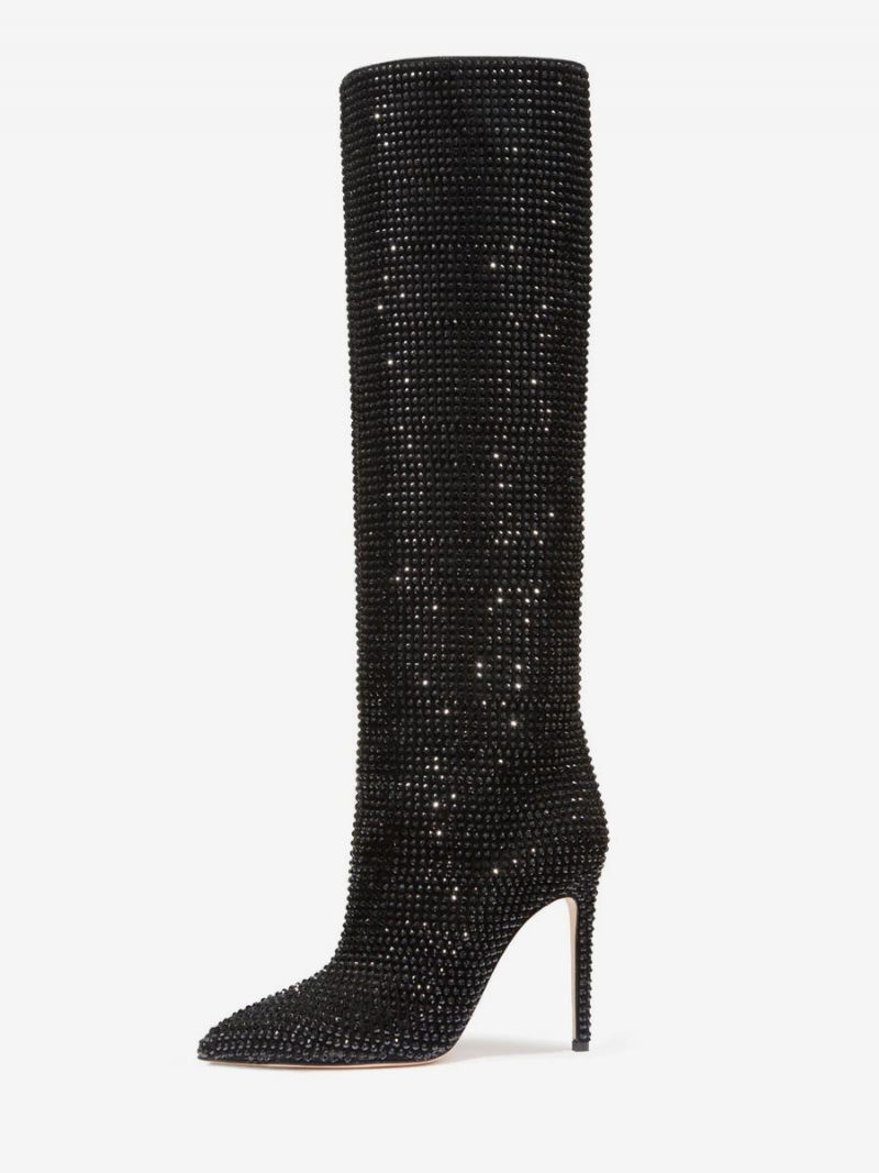 Bottes À Talons Hauts Et Mollets Larges Pour Femmes Hautes Bout Pointu Avec Strass Chaussures Soirée Sexy - Noir