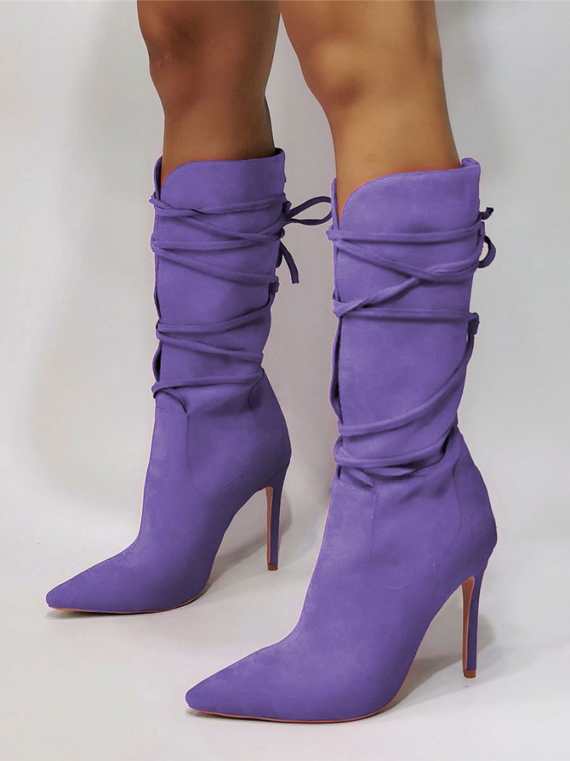 Bottes À Talons Hauts Pour Femmes Bottines Lacets Bout Pointu - Violet