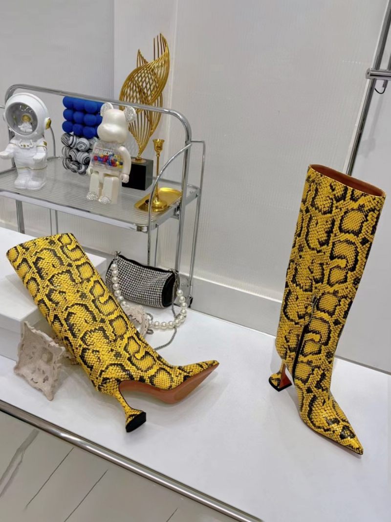 Bottes À Talons Hauts Pour Femmes Motif Serpent Jaune Bout Pointu Talon Mi-mollet - Jaune