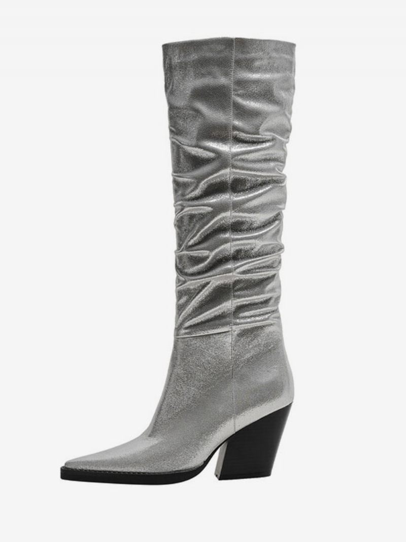 Bottes Western Argentées Pour Femmes Cuir Pu Métallisé Bout Pointu Talon Bloc Mi-mollet Souples