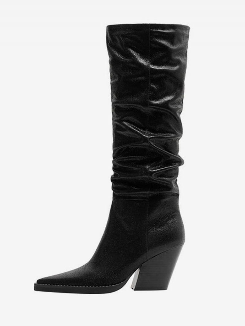 Bottes Western Argentées Pour Femmes Cuir Pu Métallisé Bout Pointu Talon Bloc Mi-mollet Souples - Noir