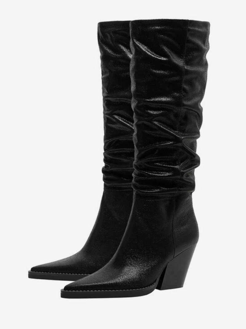 Bottes Western Argentées Pour Femmes Cuir Pu Métallisé Bout Pointu Talon Bloc Mi-mollet Souples - Noir