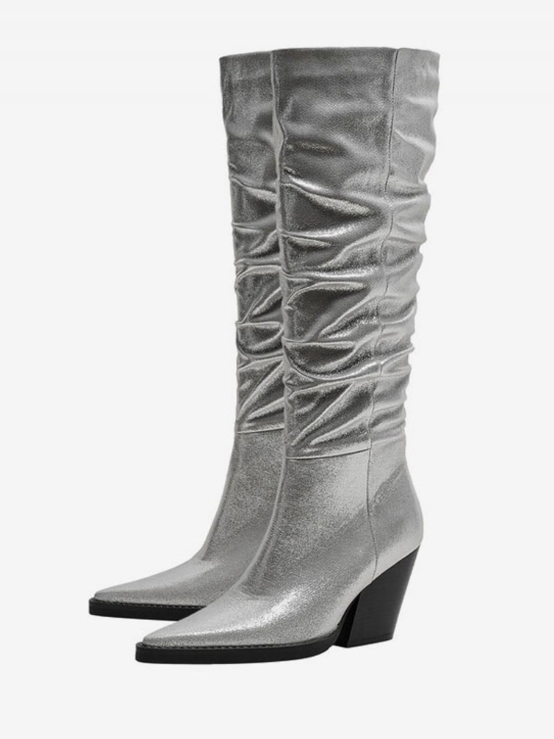 Bottes Western Argentées Pour Femmes Cuir Pu Métallisé Bout Pointu Talon Bloc Mi-mollet Souples - Argent