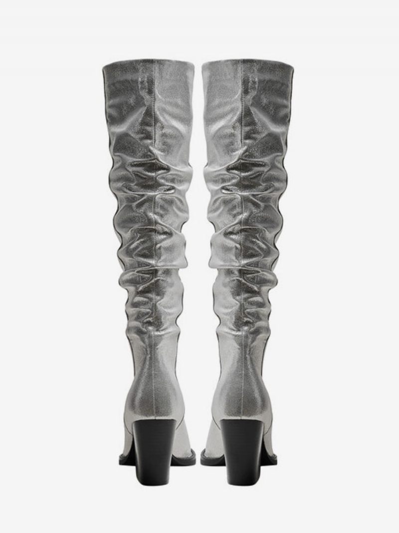 Bottes Western Argentées Pour Femmes Cuir Pu Métallisé Bout Pointu Talon Bloc Mi-mollet Souples - Argent