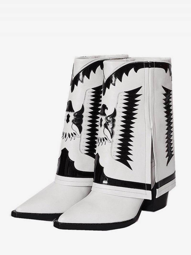 Bottes Western Blanches Pour Femmes Bout Pointu Brodé Talon Compensé Mi-mollet