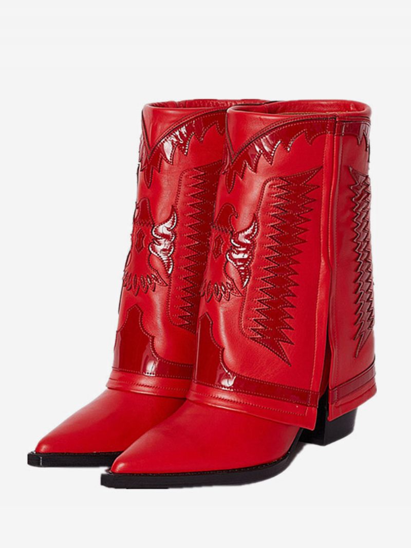 Bottes Western Blanches Pour Femmes Bout Pointu Brodé Talon Compensé Mi-mollet - Rouge