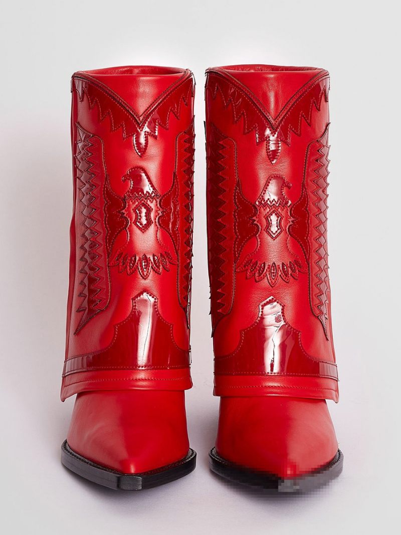 Bottes Western Blanches Pour Femmes Bout Pointu Brodé Talon Compensé Mi-mollet - Rouge