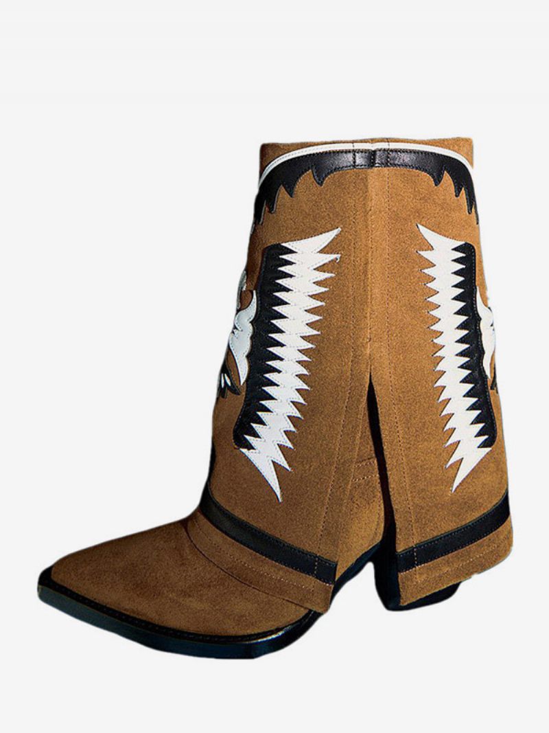 Bottes Western Blanches Pour Femmes Bout Pointu Brodé Talon Compensé Mi-mollet - Café Marron