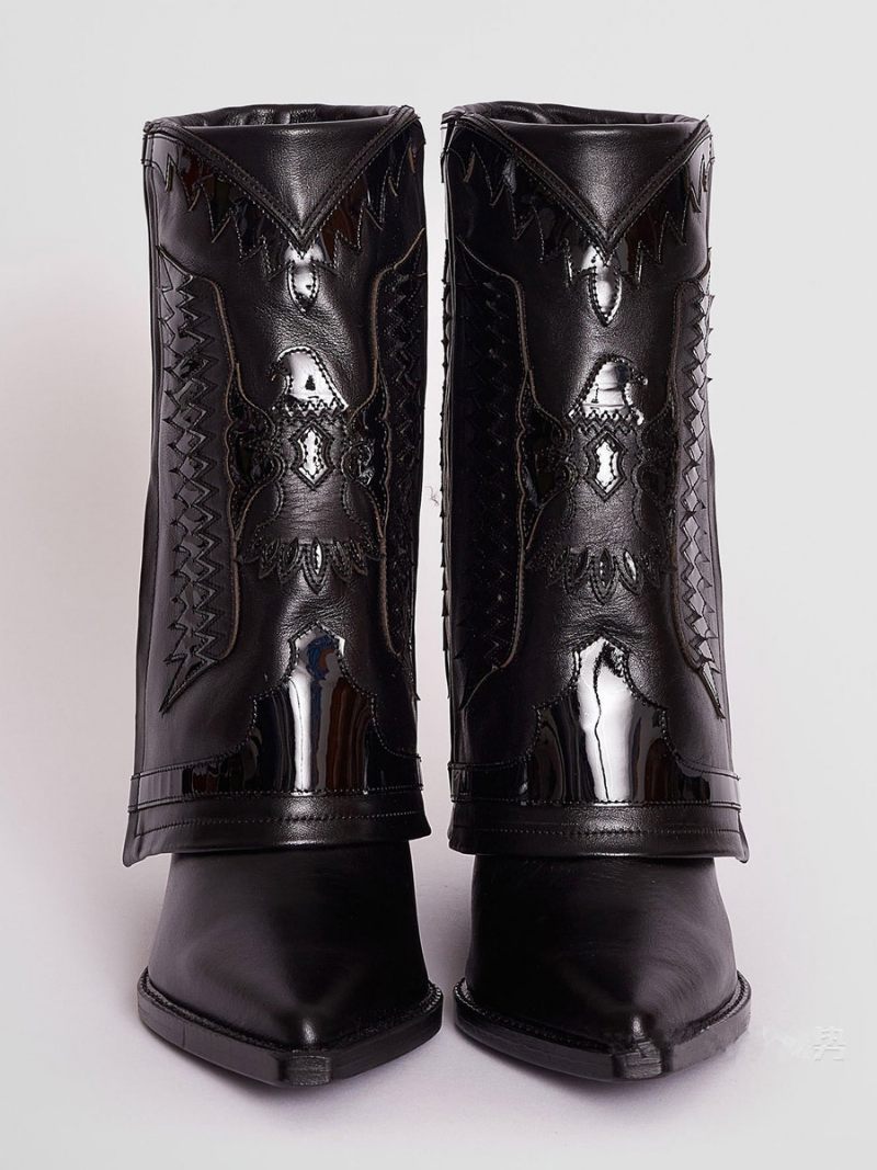 Bottes Western Blanches Pour Femmes Bout Pointu Brodé Talon Compensé Mi-mollet - Noir