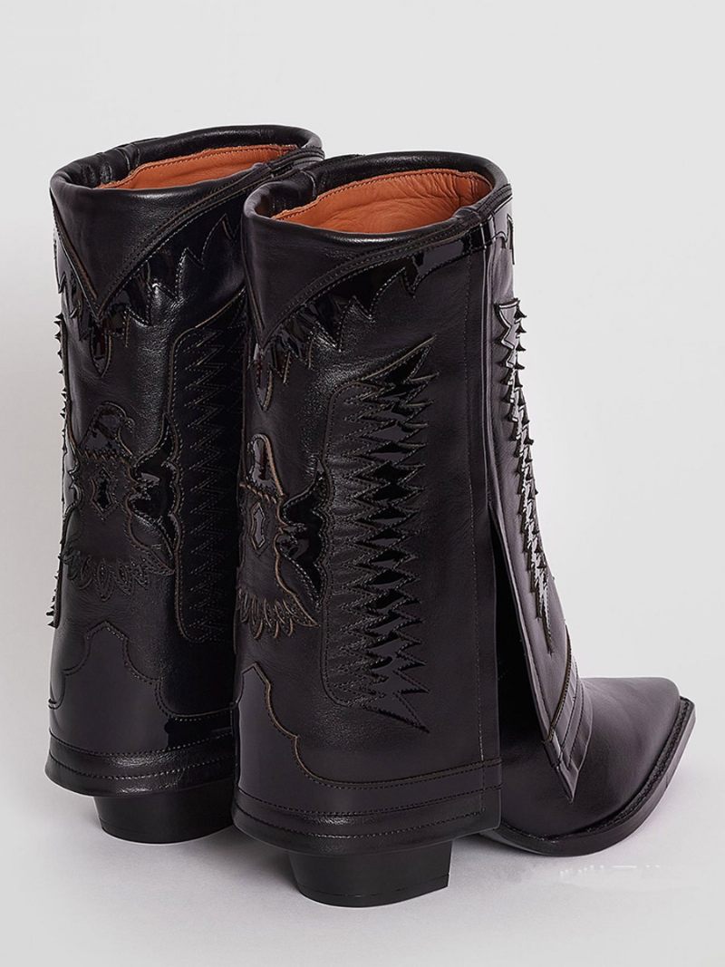 Bottes Western Blanches Pour Femmes Bout Pointu Brodé Talon Compensé Mi-mollet - Noir