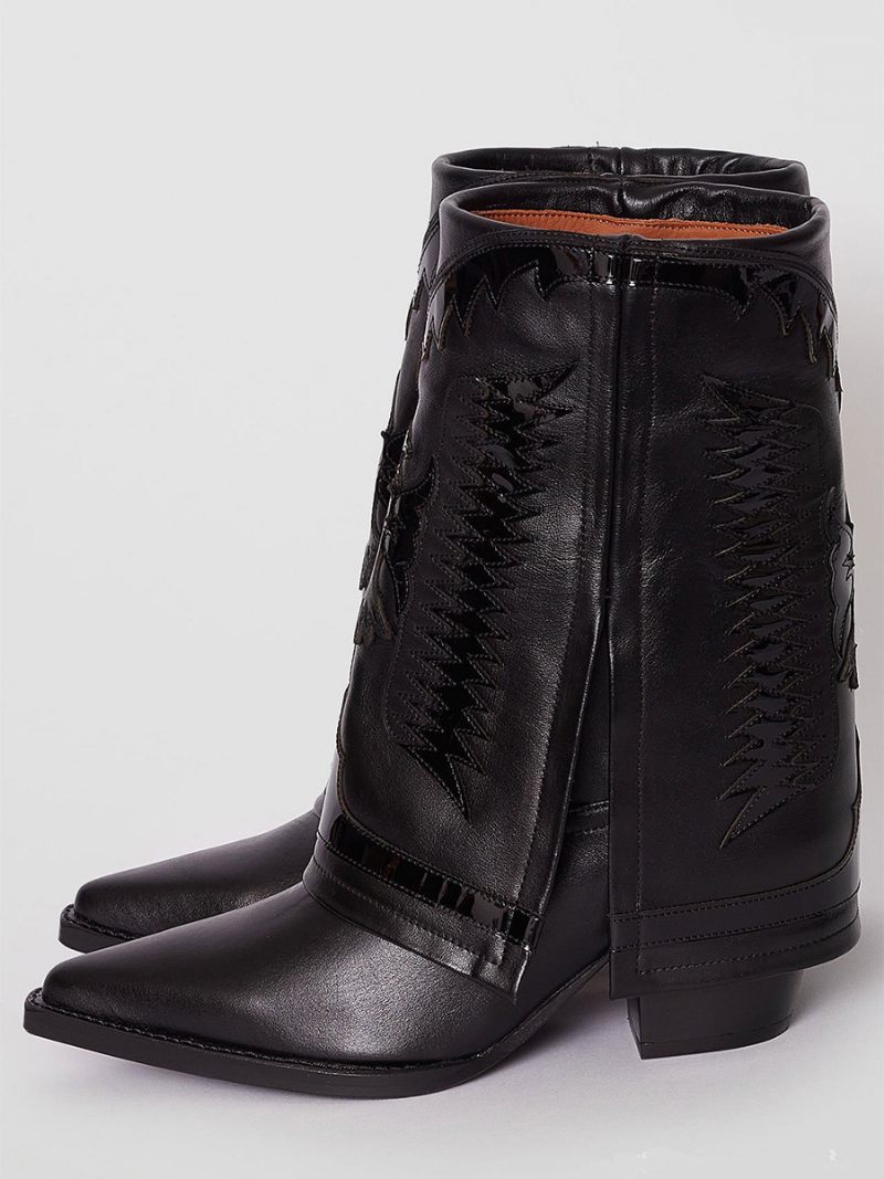 Bottes Western Blanches Pour Femmes Bout Pointu Brodé Talon Compensé Mi-mollet - Noir