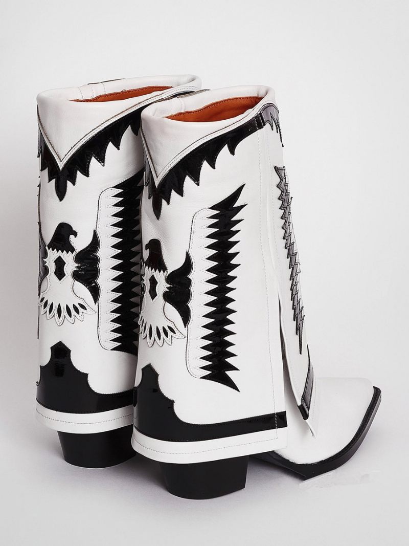 Bottes Western Blanches Pour Femmes Bout Pointu Brodé Talon Compensé Mi-mollet - Blanc