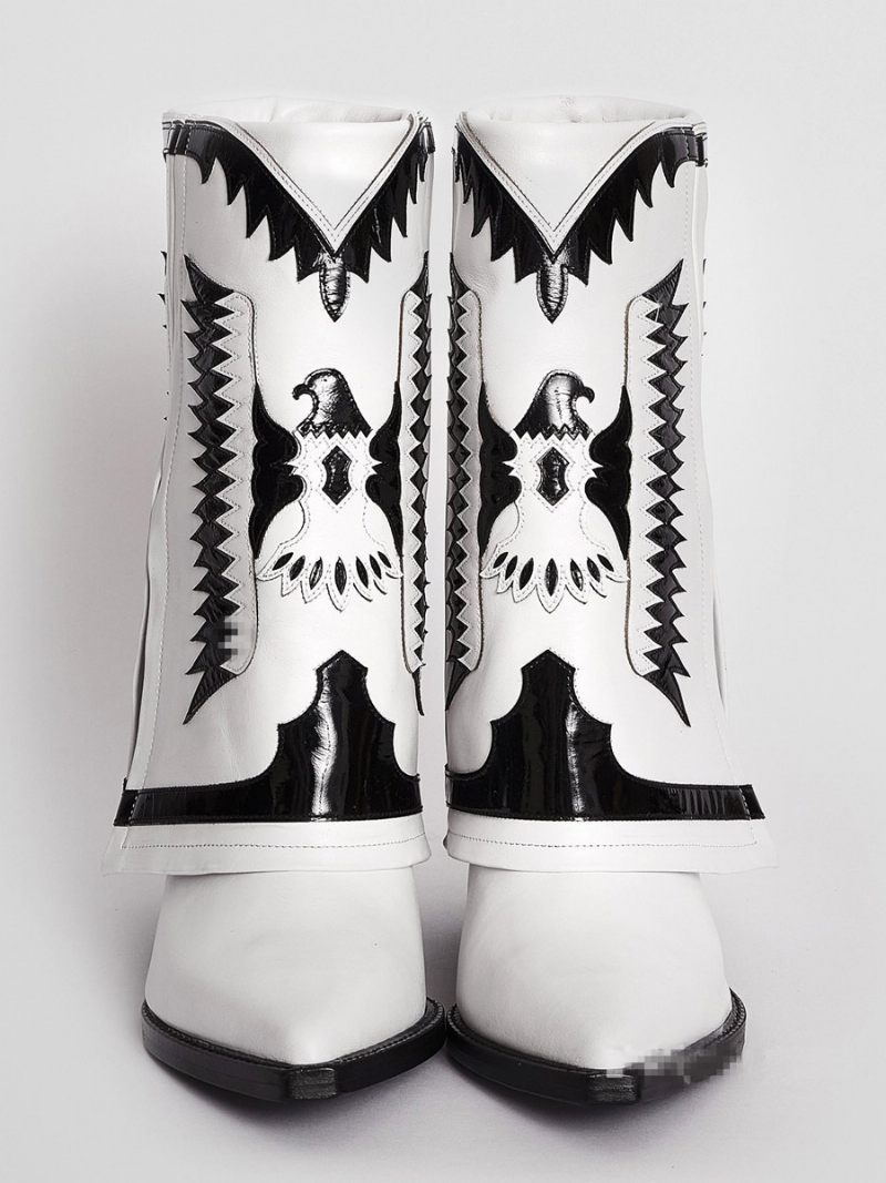 Bottes Western Blanches Pour Femmes Bout Pointu Brodé Talon Compensé Mi-mollet - Blanc