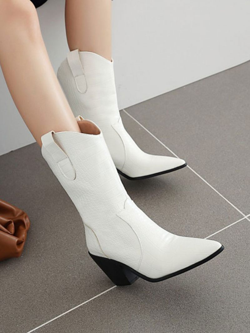 Bottes Western Pour Femmes Bottines Blanches À Bout Pointu Et Talons Épais