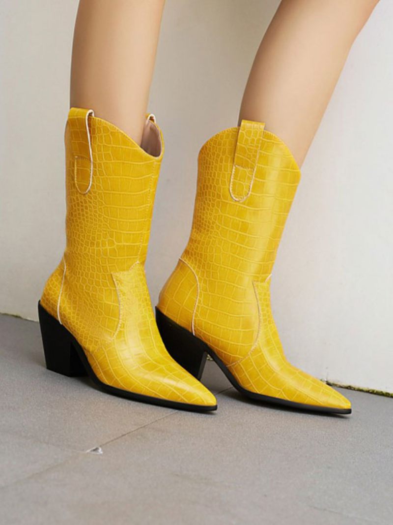 Bottes Western Pour Femmes Bottines Blanches À Bout Pointu Et Talons Épais - Jaune