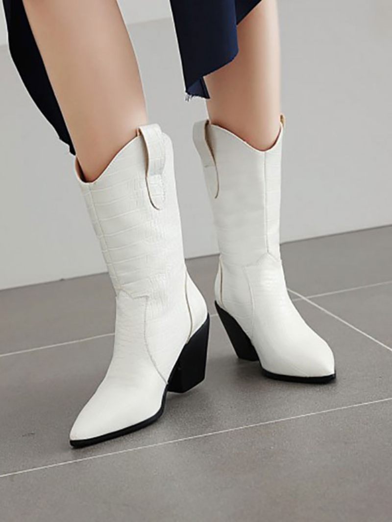 Bottes Western Pour Femmes Bottines Blanches À Bout Pointu Et Talons Épais - Blanc