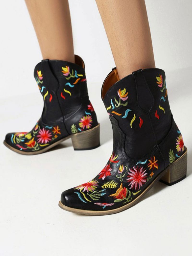 Bottes Western Pour Femmes Cowboy Blanches À Bout Pointu - Noir