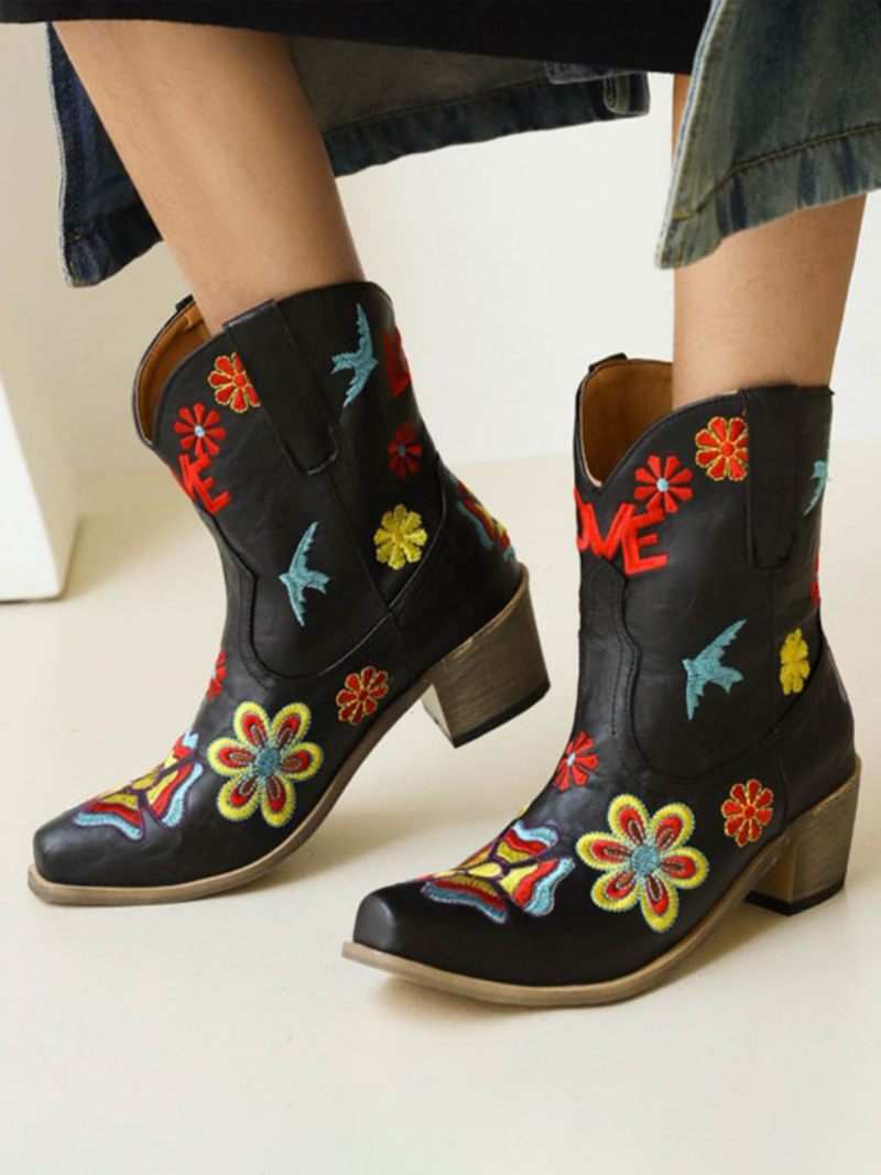 Bottes Western Pour Femmes Cowboy Brodées Fleurs À Bout Pointu