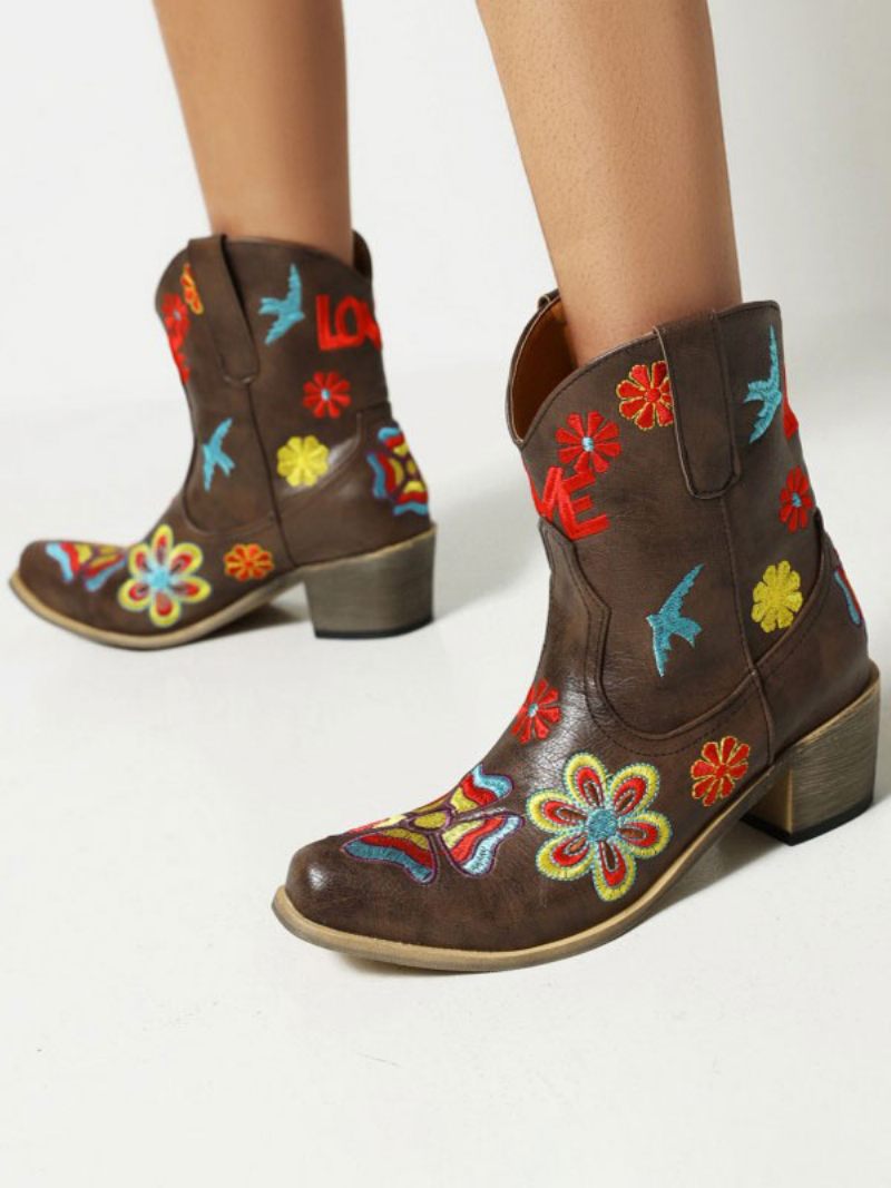 Bottes Western Pour Femmes Cowboy Brodées Fleurs À Bout Pointu - Brun Foncé