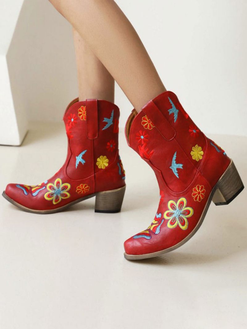 Bottes Western Pour Femmes Cowboy Brodées Fleurs À Bout Pointu - Bourgogne