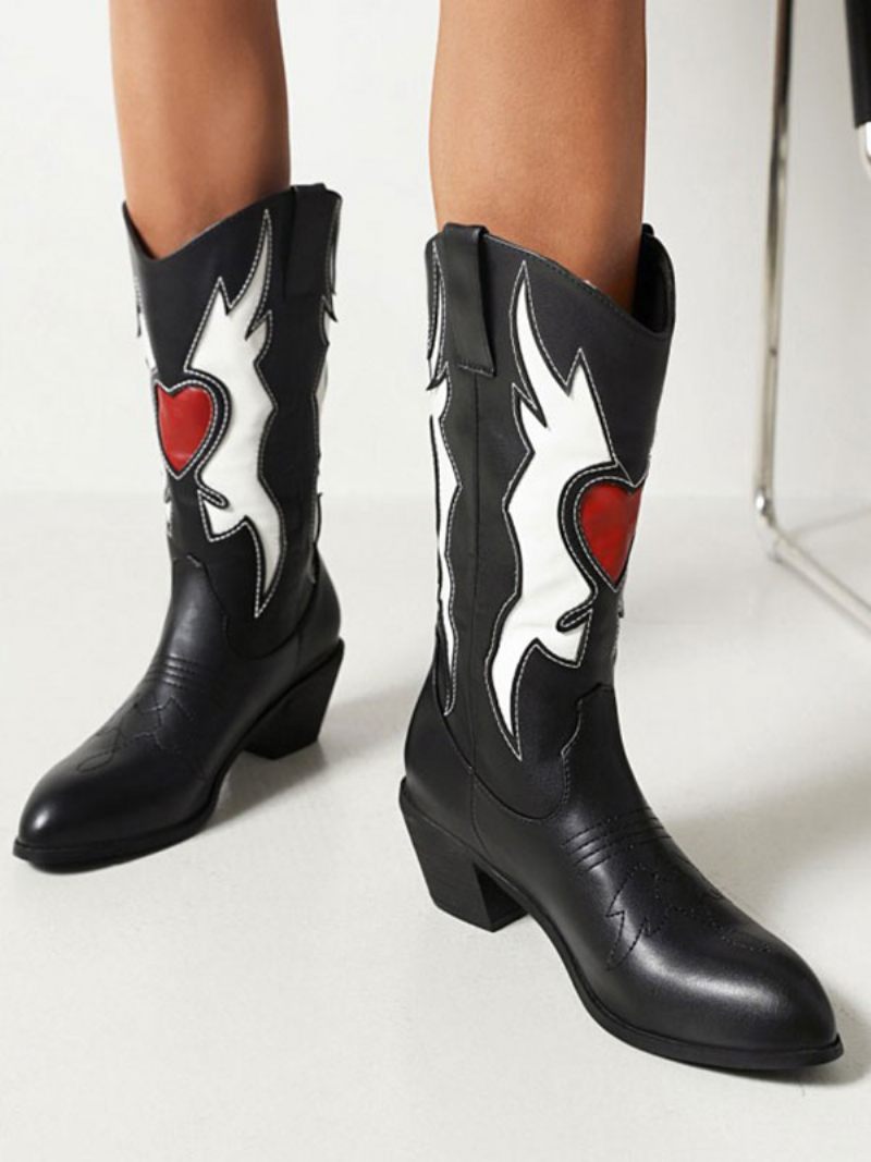 Bottes Western Noires Pour Femmes Cowboy À Bout Pointu Mi-mollet