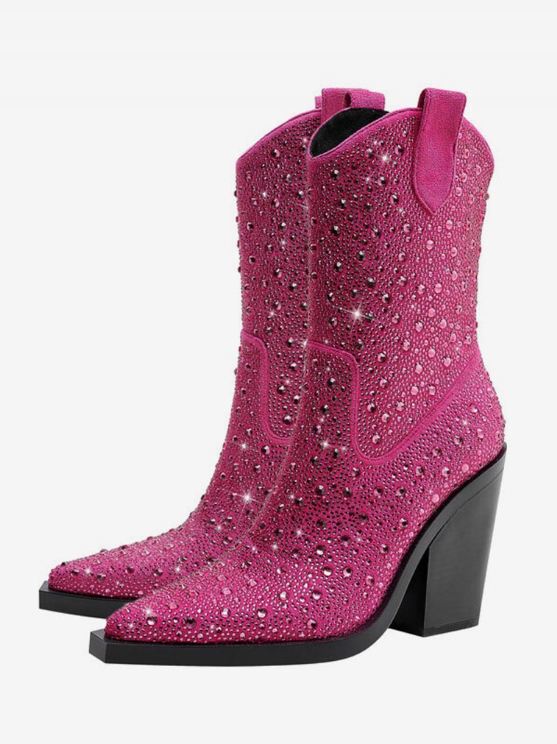 Bottes Western Noires Pour Femmes Cowboy Scintillantes À Bout Pointu Et Talon Bloc - Rose