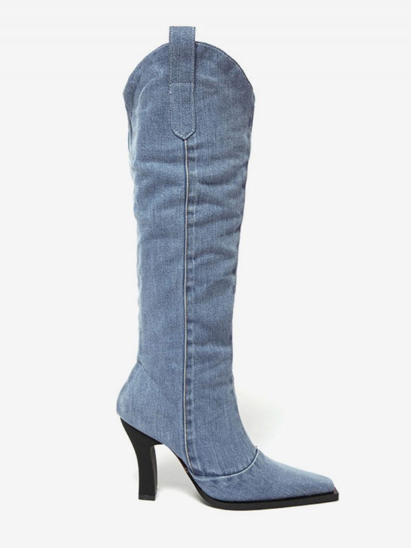 Bottes Western Toile À Talon Aiguille Pour Femmes Hauteur Genou - Bleu Ciel Clair