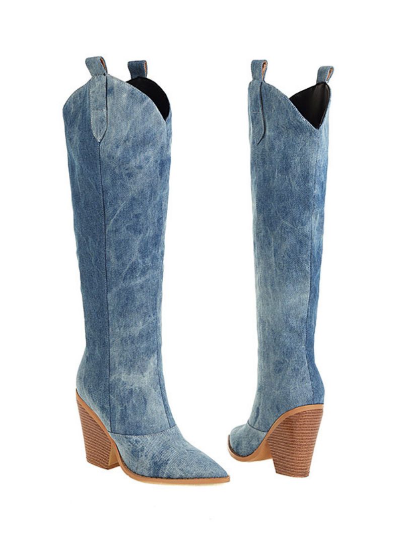 Bottes Western Toile À Talons Épais Pour Femmes Hautes - Bleu