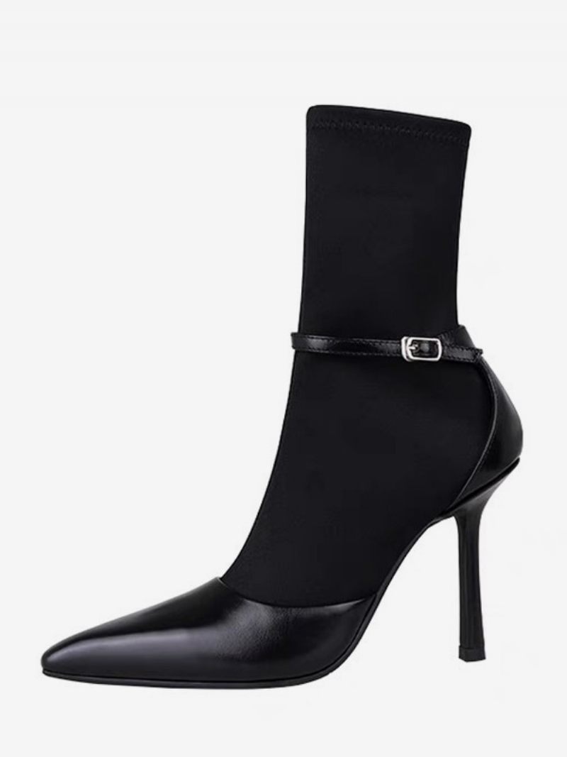 Bottines Anlke Noires Pour Femmes Bout Pointu Détail Boucle À Talons Aiguilles