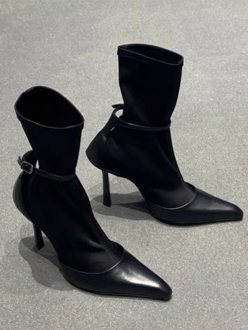 Bottines Anlke Noires Pour Femmes Bout Pointu Détail Boucle À Talons Aiguilles - Noir