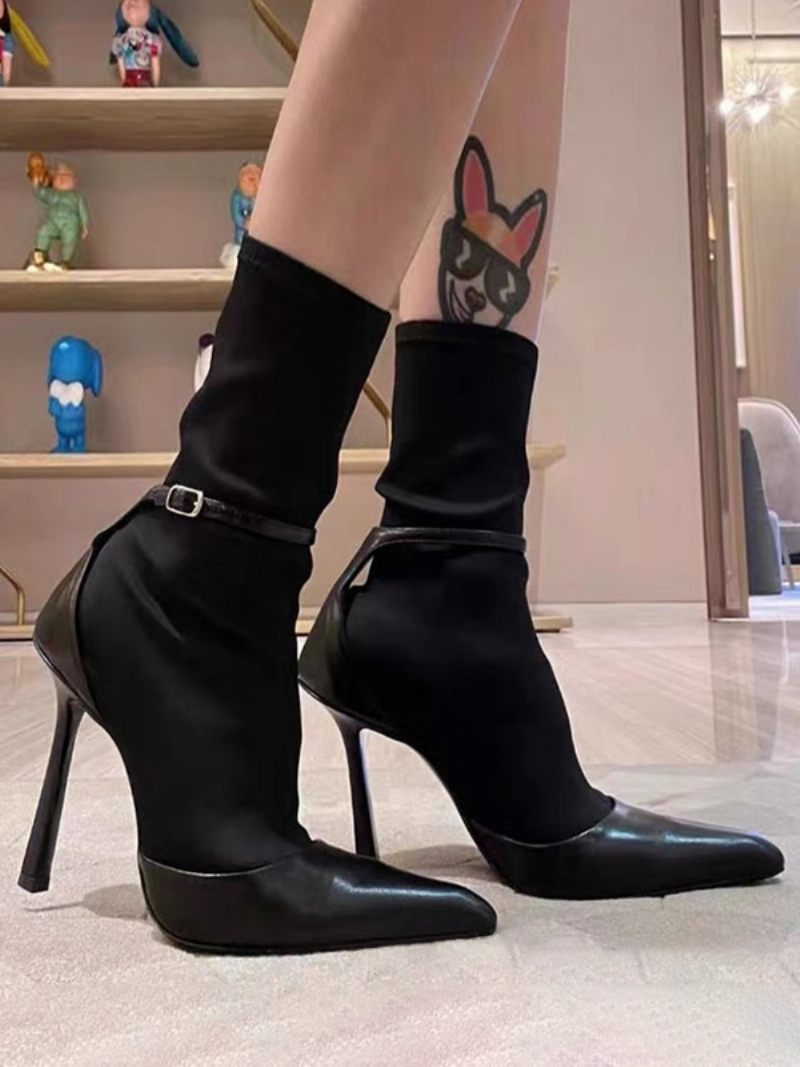 Bottines Anlke Noires Pour Femmes Bout Pointu Détail Boucle À Talons Aiguilles - Noir