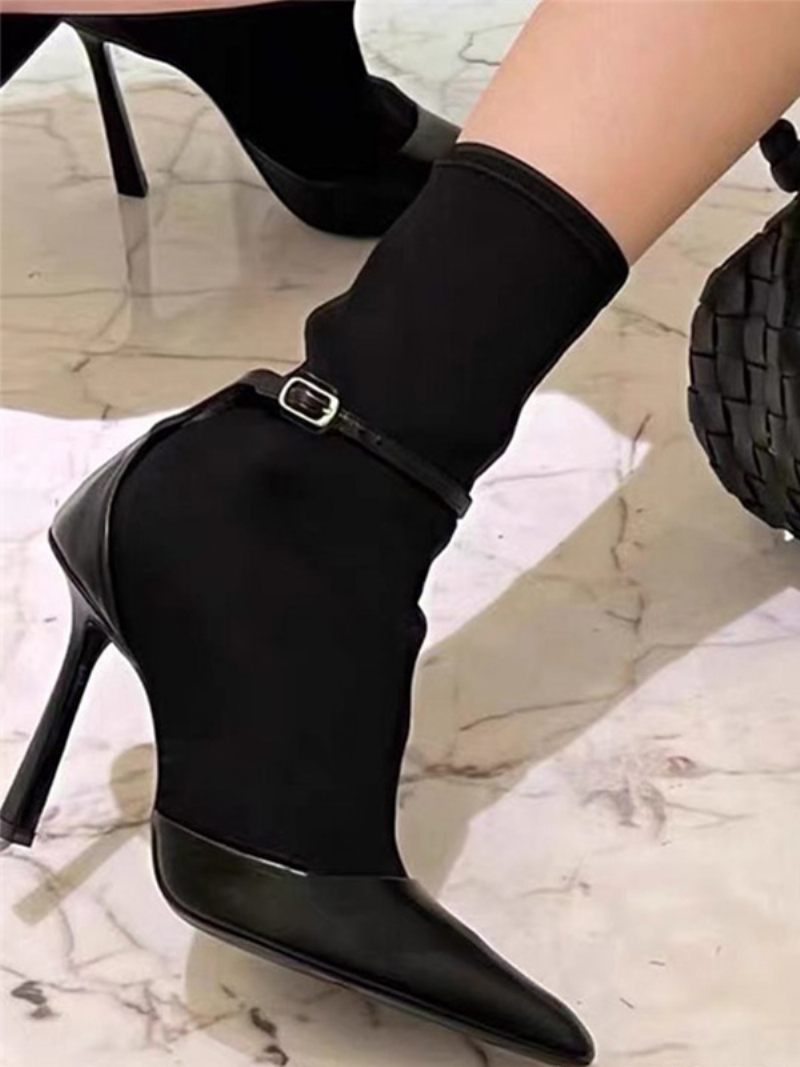 Bottines Anlke Noires Pour Femmes Bout Pointu Détail Boucle À Talons Aiguilles - Noir