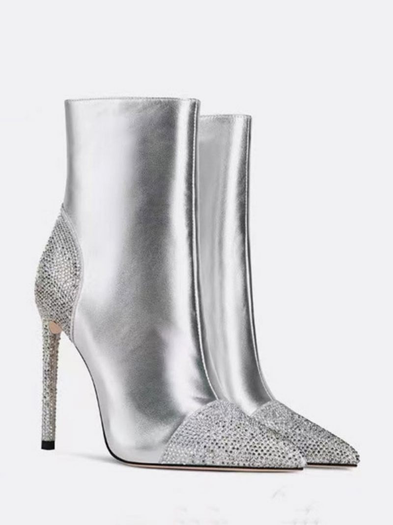 Bottines Argentées Strass Bout Pointu À Talons Aiguilles Pour Femmes - Argent