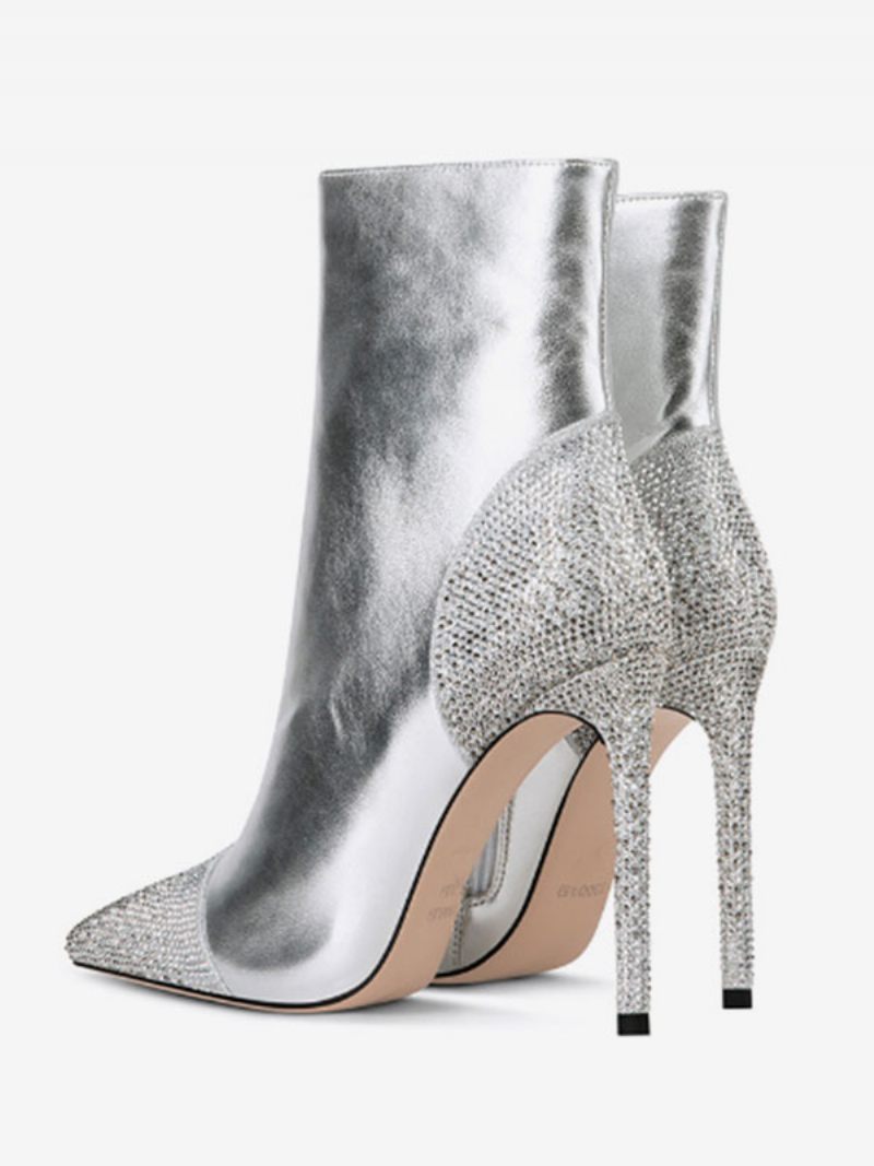 Bottines Argentées Strass Bout Pointu À Talons Aiguilles Pour Femmes - Argent