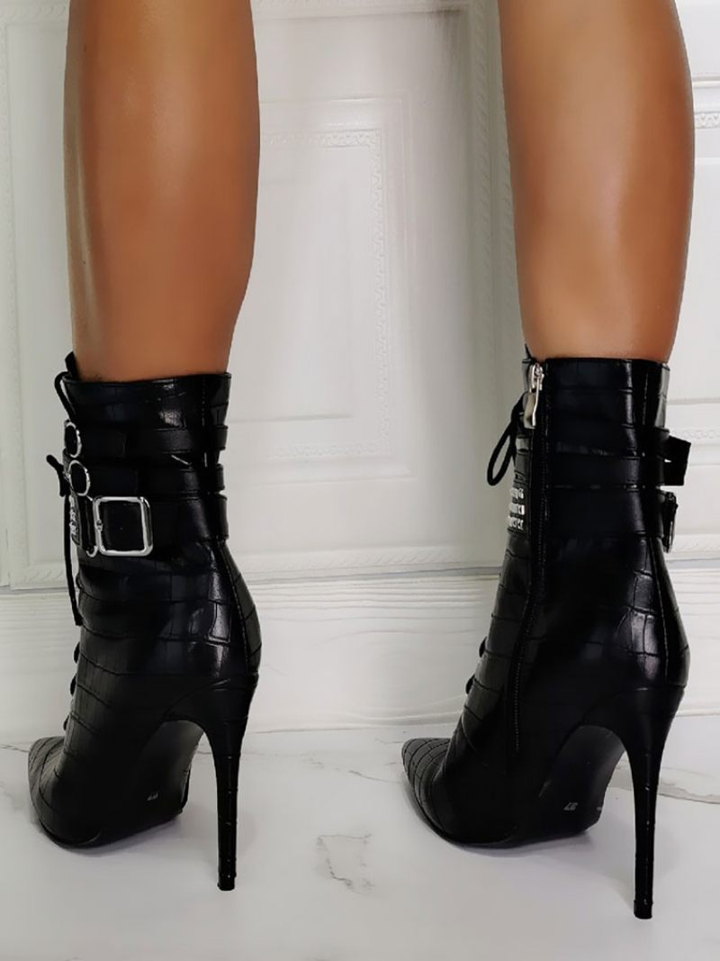 Bottines À Bout Pointu Et Talon Aiguille Pour Femme Montantes Cuir Pu Noires - Noir