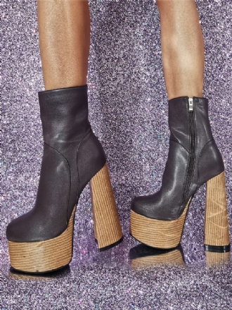 Bottines À Bout Rond Cuir Pu Pour Femmes