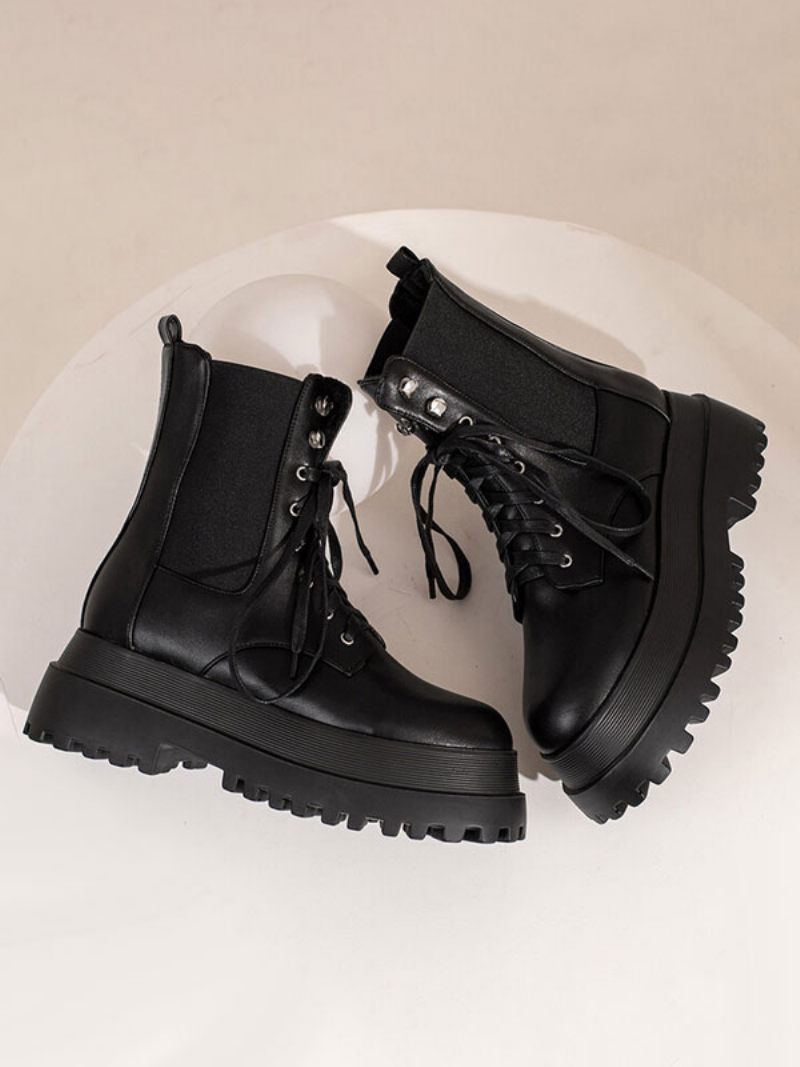 Bottines Combat Noires À Bout Rond Et Plateforme Talons Épais Pour Femmes - Noir