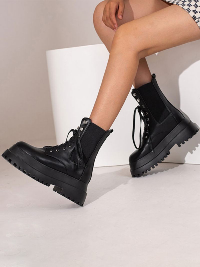 Bottines Combat Noires À Bout Rond Et Plateforme Talons Épais Pour Femmes - Noir