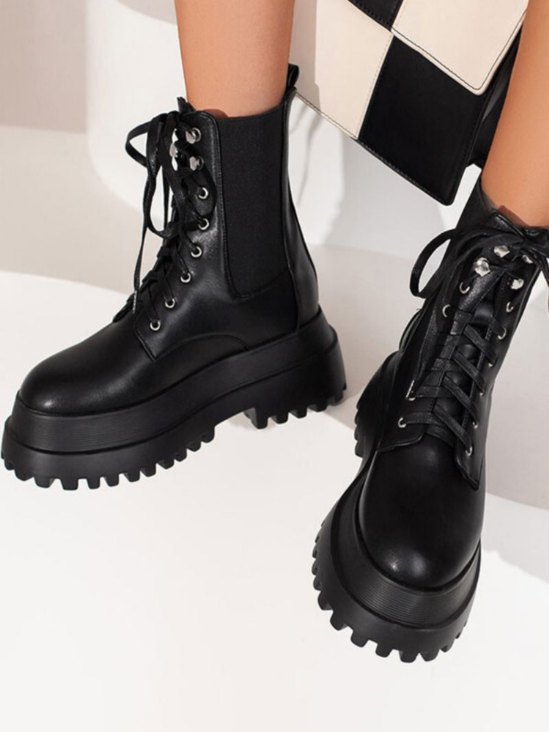 Bottines Combat Noires À Bout Rond Et Plateforme Talons Épais Pour Femmes - Noir