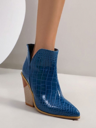 Bottines Cuir Bleu Pour Femmes Bout Pointu Talon Épais Imprimé Peau Serpent