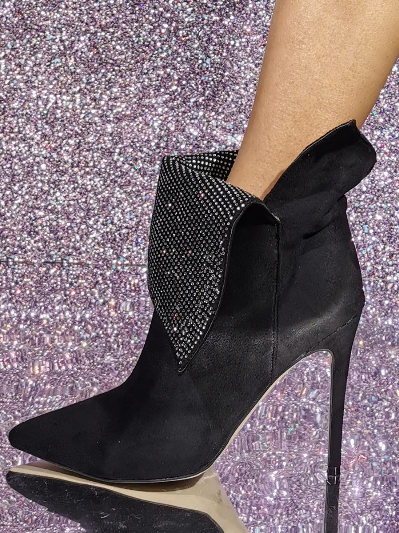 Bottines Daim Pour Femmes Courtes Peluche À Bout Pointu Avec Strass - Noir