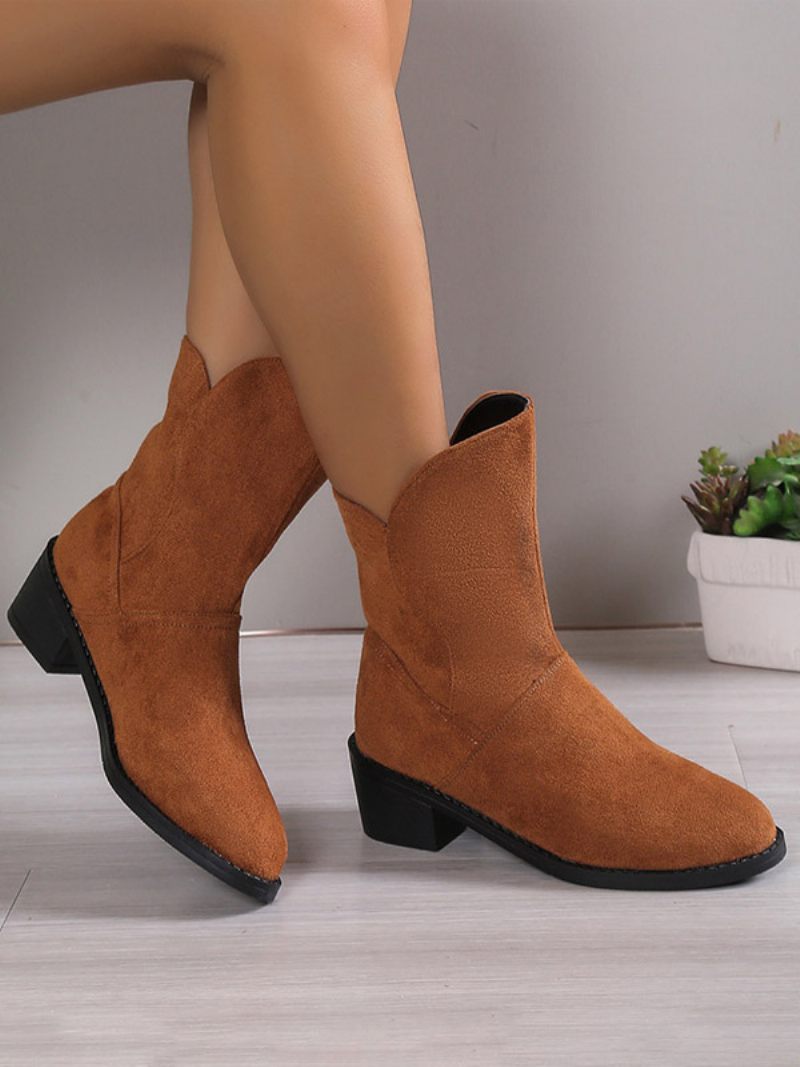 Bottines Daim Pour Femmes À Talons Épais Bout Rond Marron - Marron Café