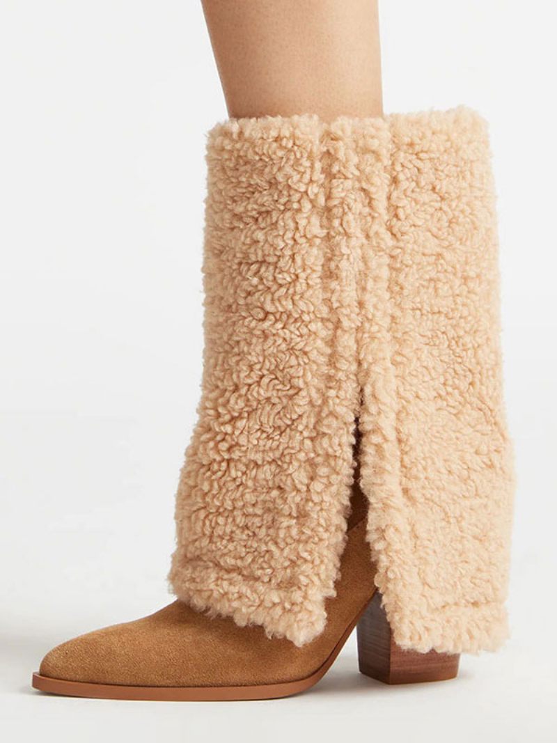 Bottines Daim Marron Pour Femmes Bottes D'hiver Courtes Peluche Pliables À Talons Épais