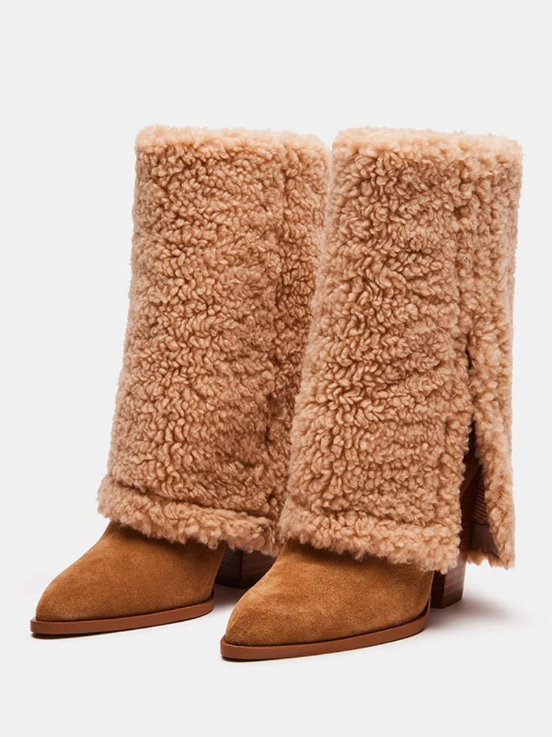 Bottines Daim Marron Pour Femmes Bottes D'hiver Courtes Peluche Pliables À Talons Épais - Marron Café