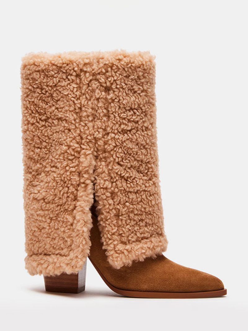 Bottines Daim Marron Pour Femmes Bottes D'hiver Courtes Peluche Pliables À Talons Épais - Marron Café