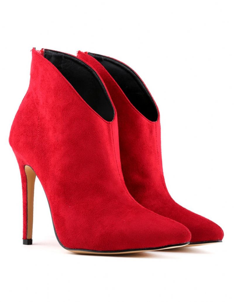 Bottines Daim À Talons Hauts Et Bout Pointu Pour Femme Fermeture Éclair - Rouge