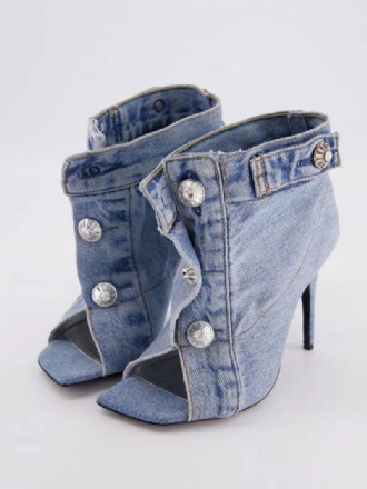 Bottines Femme Denim Bleu Bout Ouvert Bouton Détail À Talons Hauts