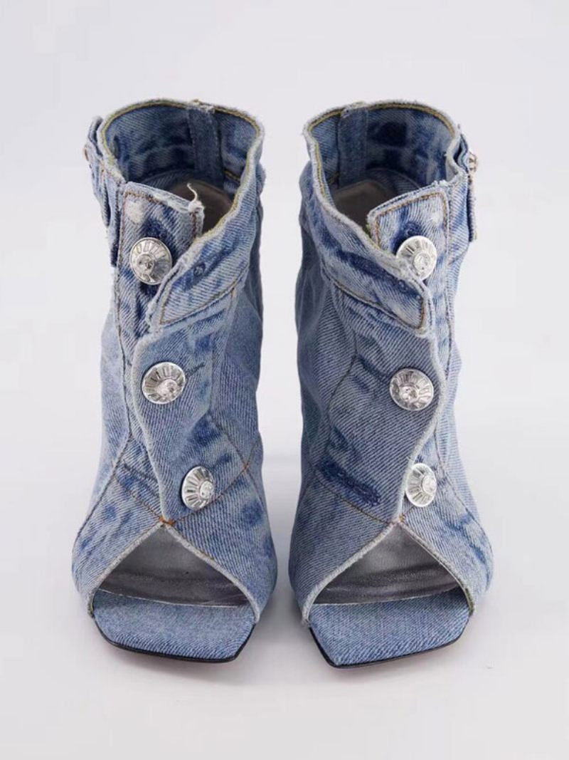 Bottines Femme Denim Bleu Bout Ouvert Bouton Détail À Talons Hauts - Bleu Ciel Clair