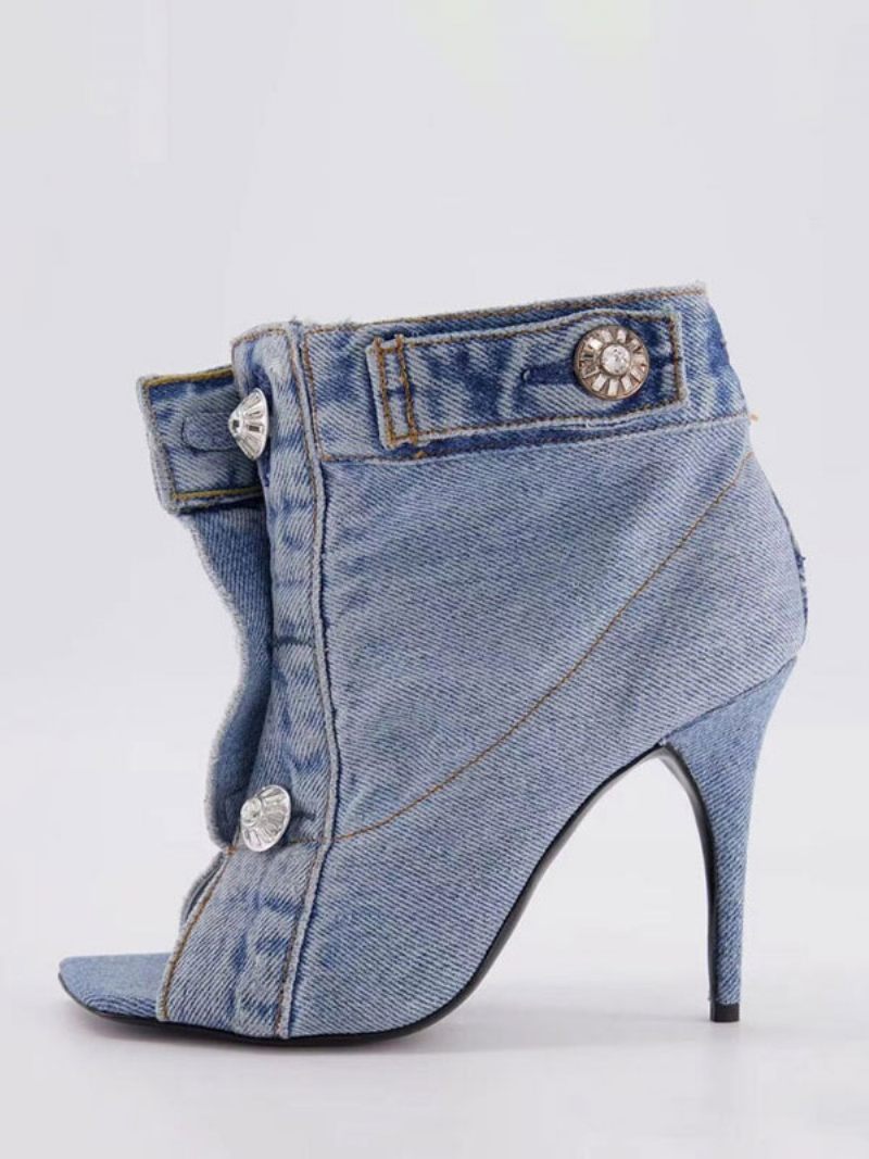 Bottines Femme Denim Bleu Bout Ouvert Bouton Détail À Talons Hauts - Bleu Ciel Clair